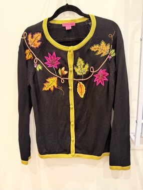 Black Cardigan Sweater with Floral Fall Leaf Embroidery